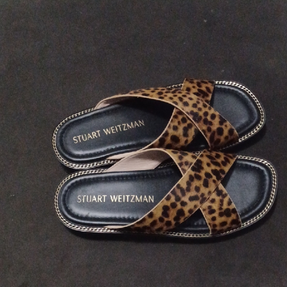 Stuart Weitzman Leopard Print Crisscross Slide Sandals with Black Footbed